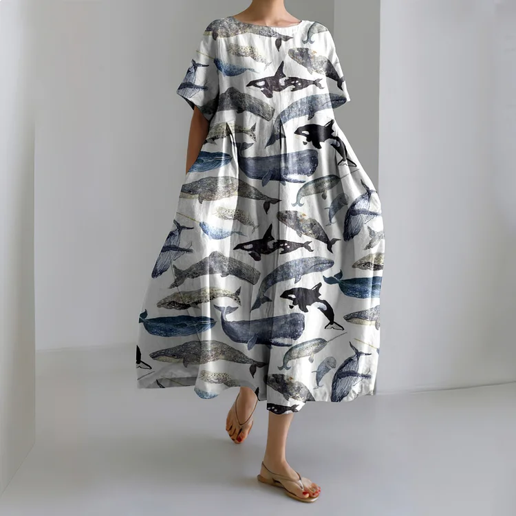Retro Whale Art Fish Ocean Shark Art Print Pattern Linen Blend Dress
