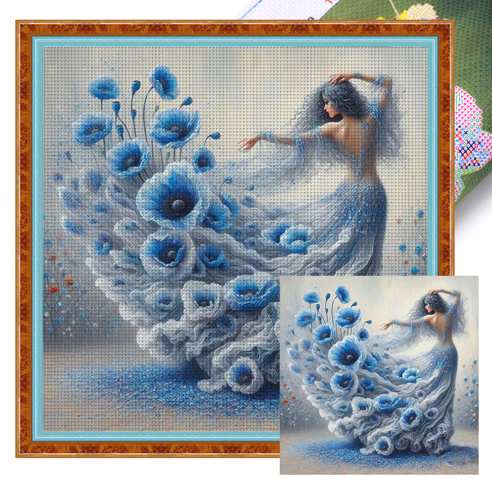 Girl With Blue Flower Skirt Full 14CT Pre-stamped Canvas(50*50cm) Cross Stitch