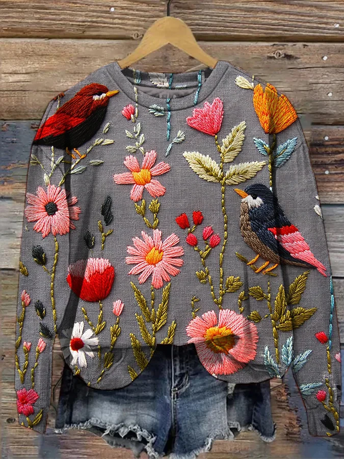 Women's Flowers and Birds Embroidery Print Casual Sweatshirt