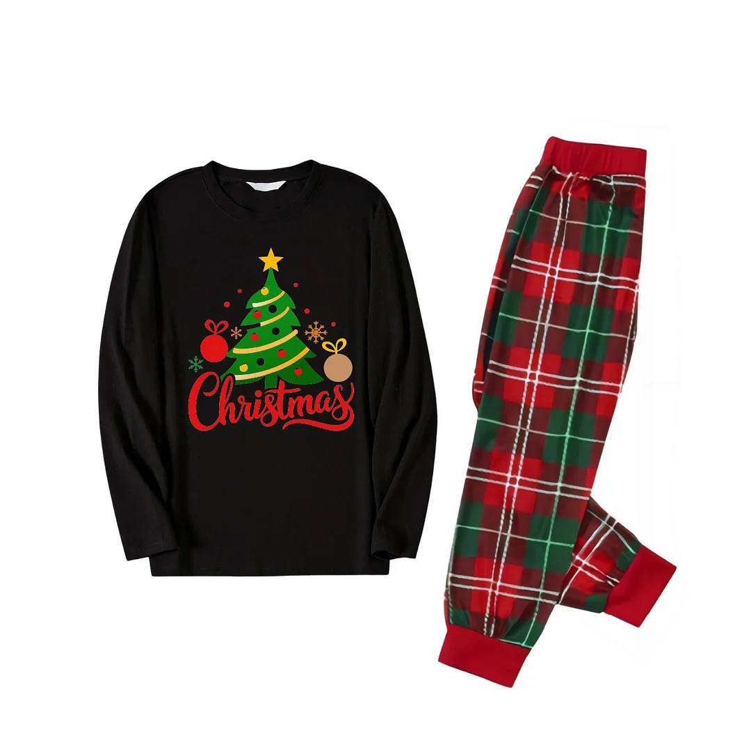 Christmas Tree Printed 2024 Black Long Sleeve Top and Red & Green Plaid Pants Family Matching Pajamas