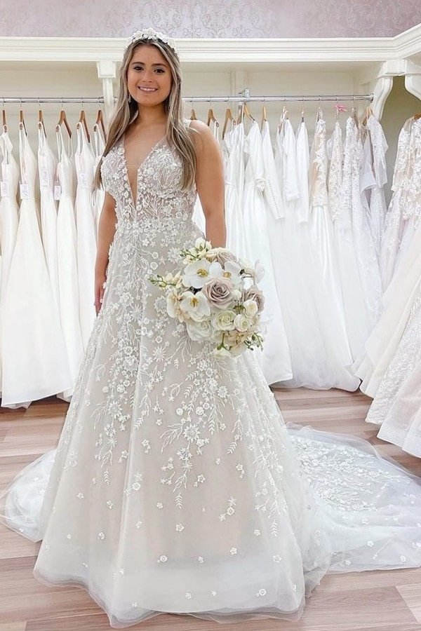 Sheer Straps Long A Line Wedding Dress With 3D Floral | Ballbellas Ballbellas