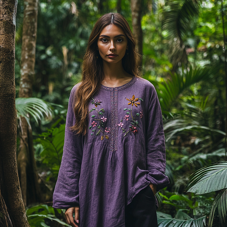 Bohemian Embroidered Linen Crew Neck Shirt