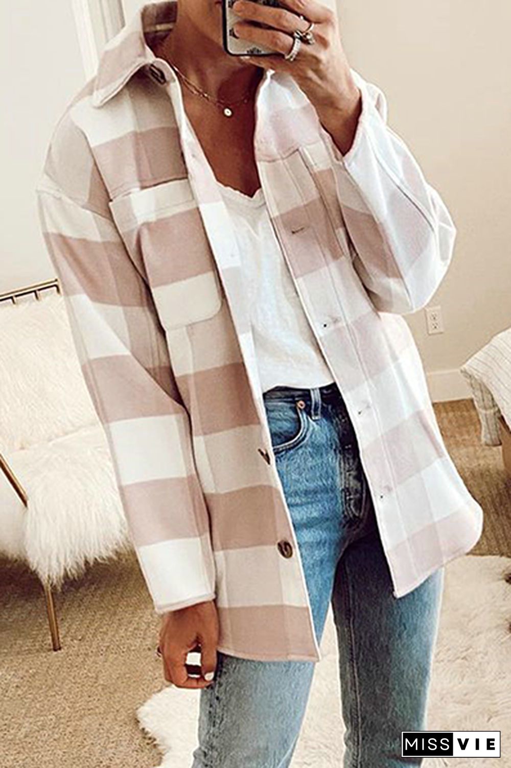 Elegant Plaid Pocket Buckle With Belt Turndown Collar Outerwear