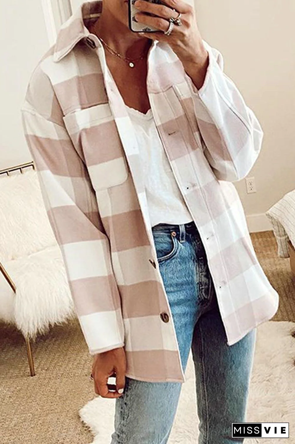 Elegant Plaid Pocket Buckle With Belt Turndown Collar Outerwear