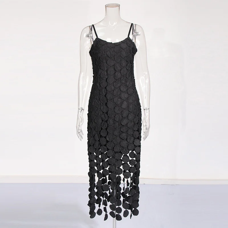 Uaang Sexy Style Slim Slings Long Skirt 2025 Summer New Embroidery Round Design Long Dress Woman