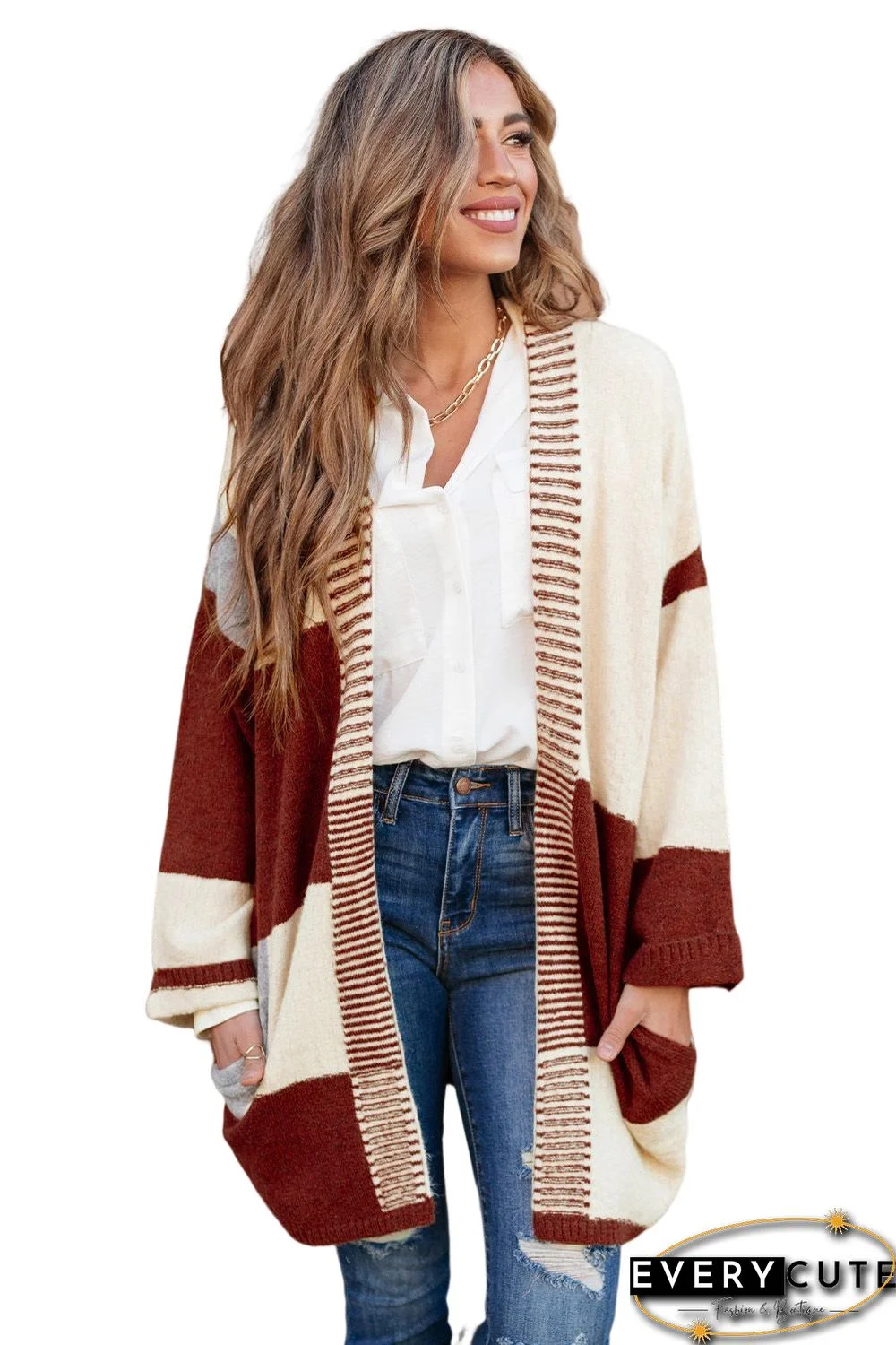 Red Chunky Block Pattern Knit Open Front Cardigan