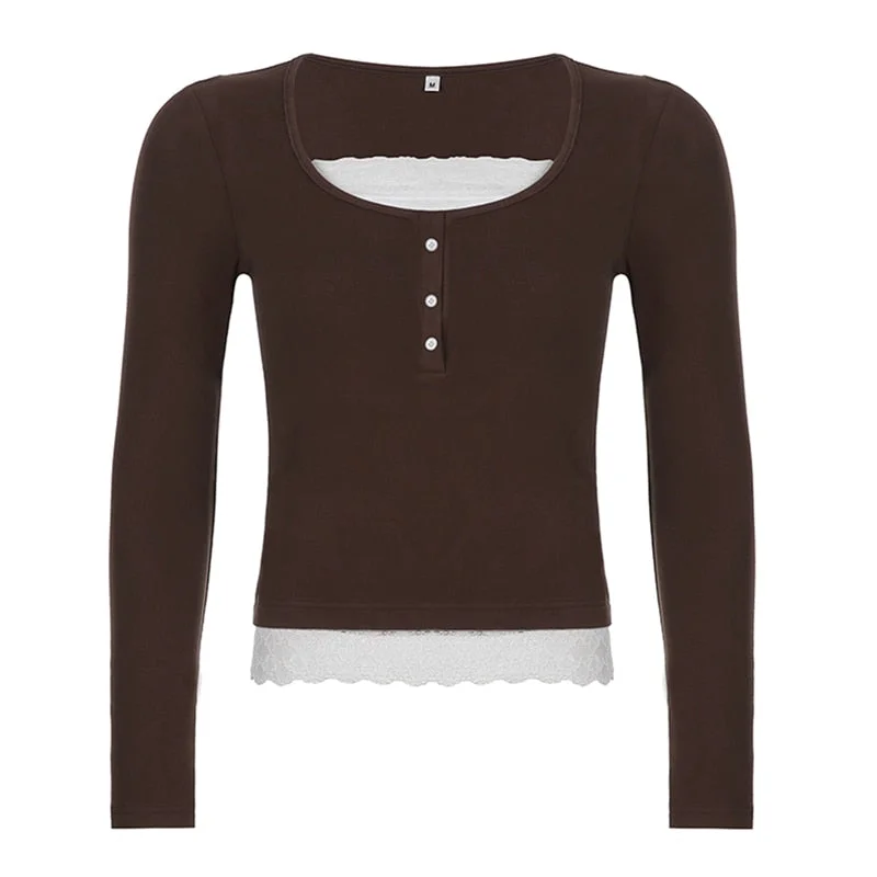 Xingqing Korean Cute Y2K Retro Cotton Tops Lace Patchwork Buttons Kawaii Tshirts Autumn Square Collar Chic Casual Shirts