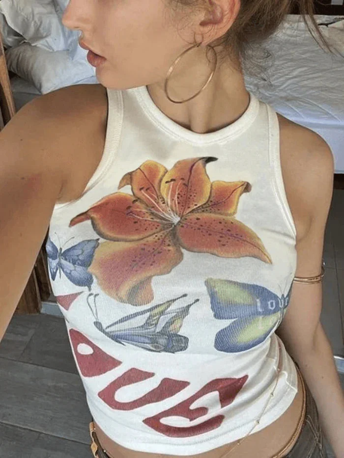 Brownm White Slim Tank Top with Print