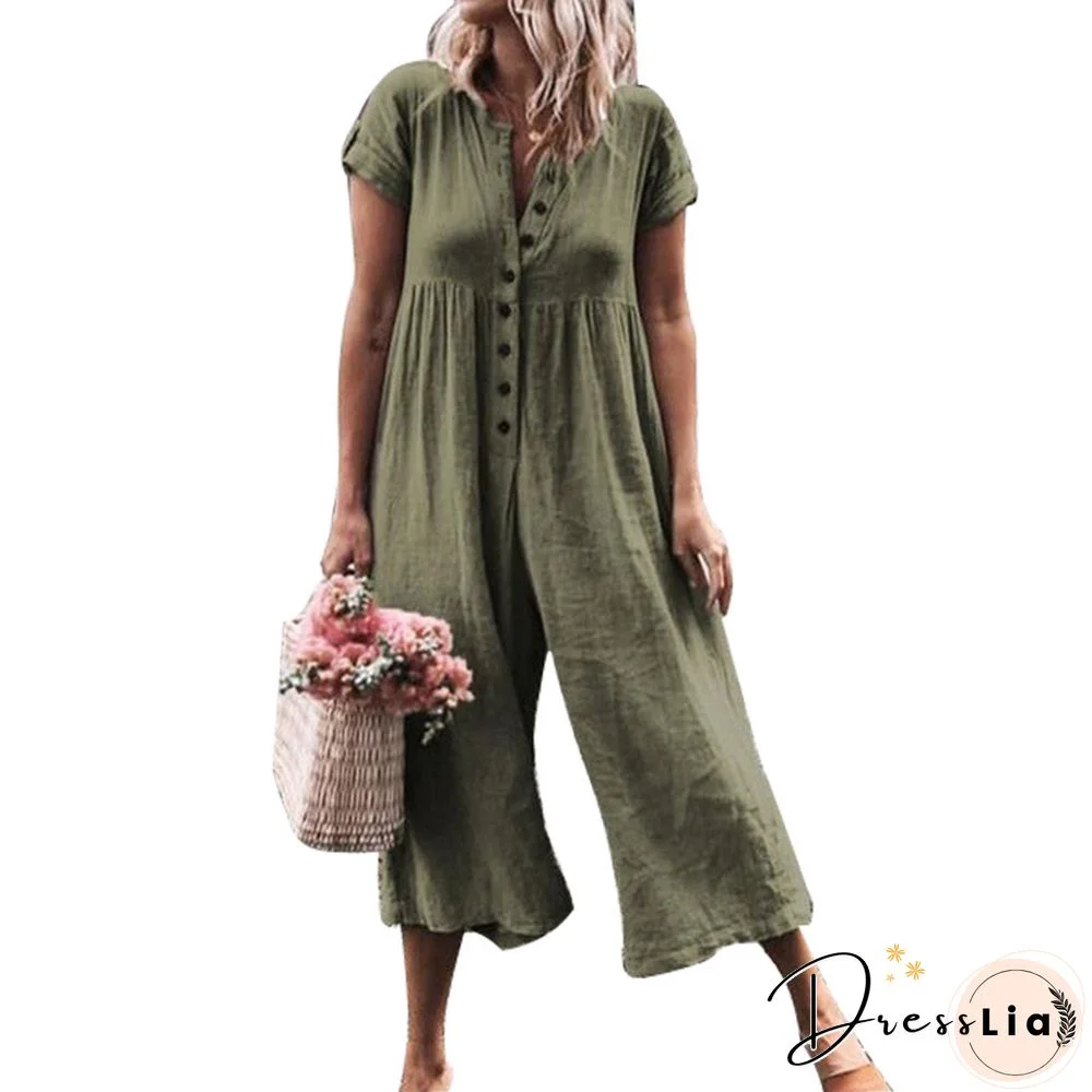 Women V Neck Short Sleeve Button Down Wide Leg Jumpsuits Rompers