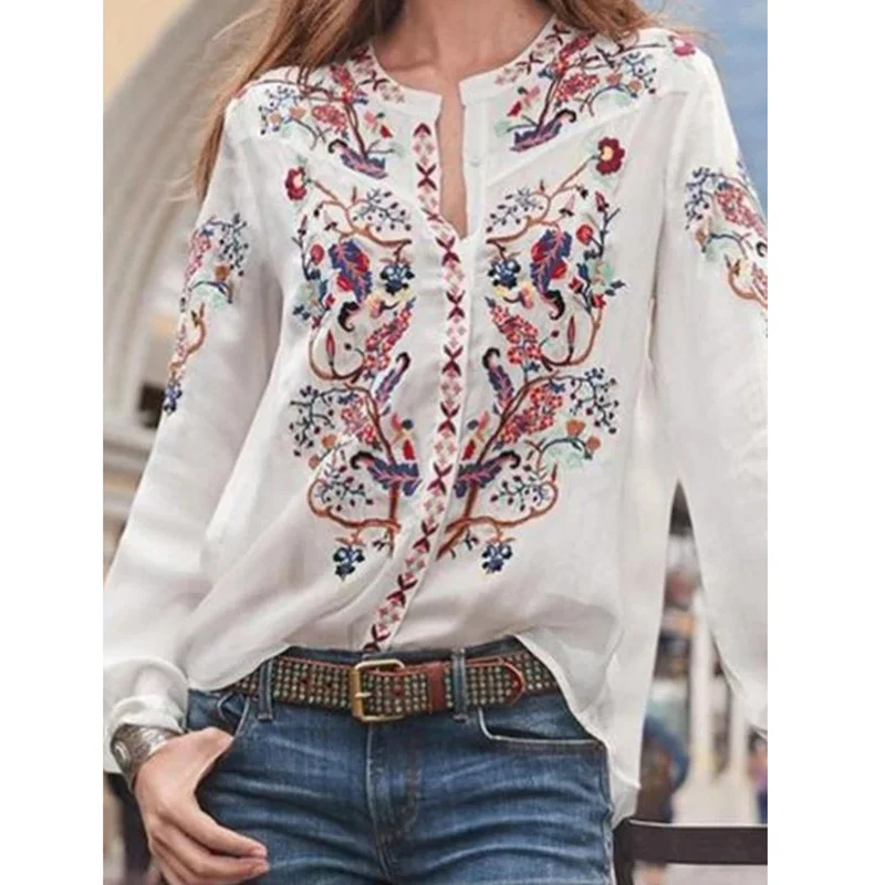 Women's Blouse Shirt Floral Flower Long Sleeve V Neck Tops Loose Basic Top Blue Yellow Blushing Pink-812