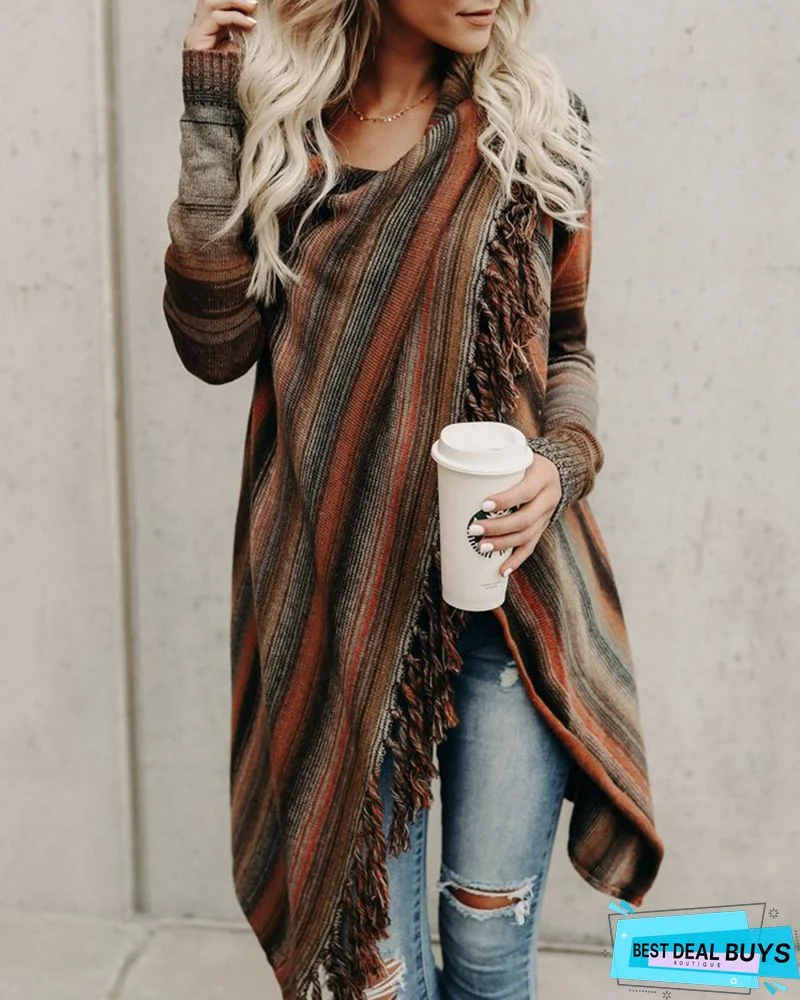 Asymmetrical Long Sleeve Stripes Casual Sweater