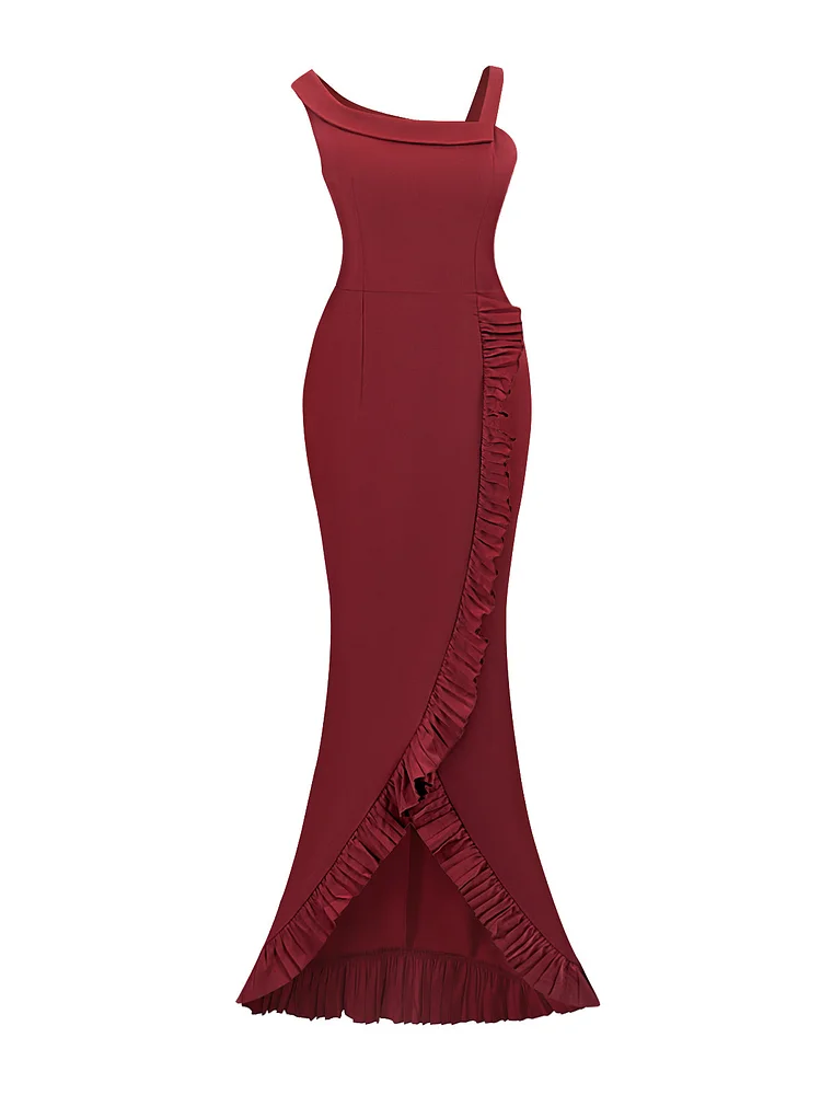 Wine Red 1960s Ruffled Fishtail Vintage Dress