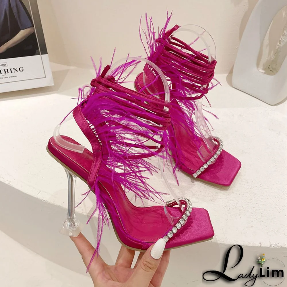 High-heeled Rhinestone Feather Sandals