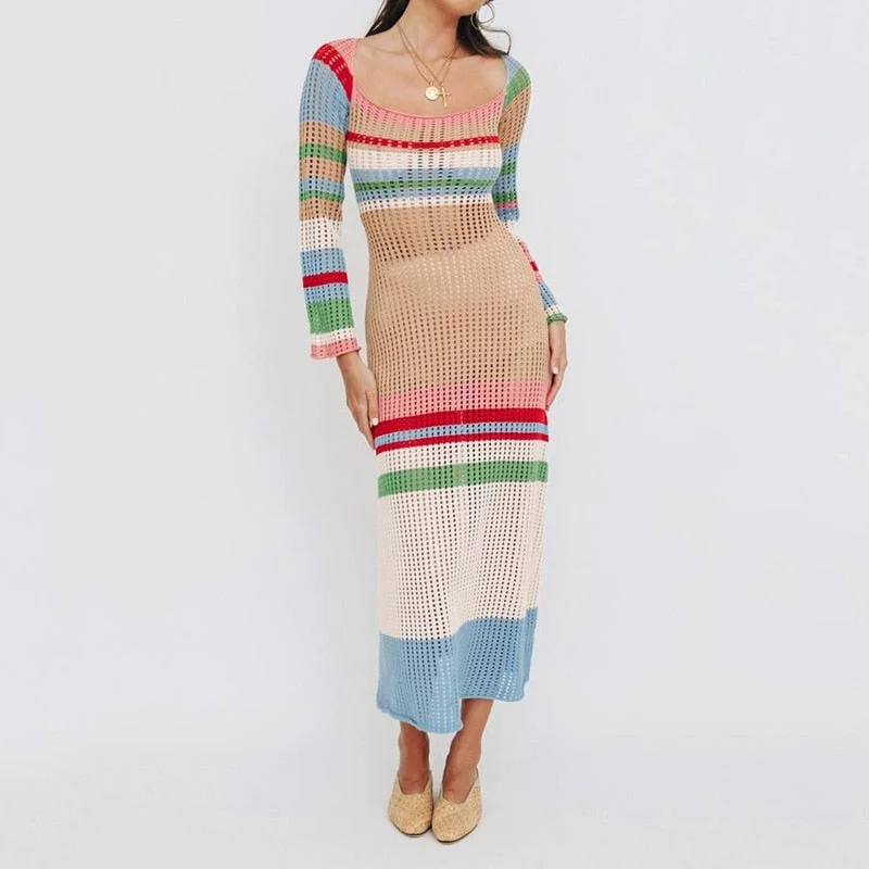 UForever21 Back To School Y2K Off The Shoulder Women Dress 2023 Summer Knit Colored Striped Long Sleeve Female Dresses Elegant  Beach Lady Maxi Robe