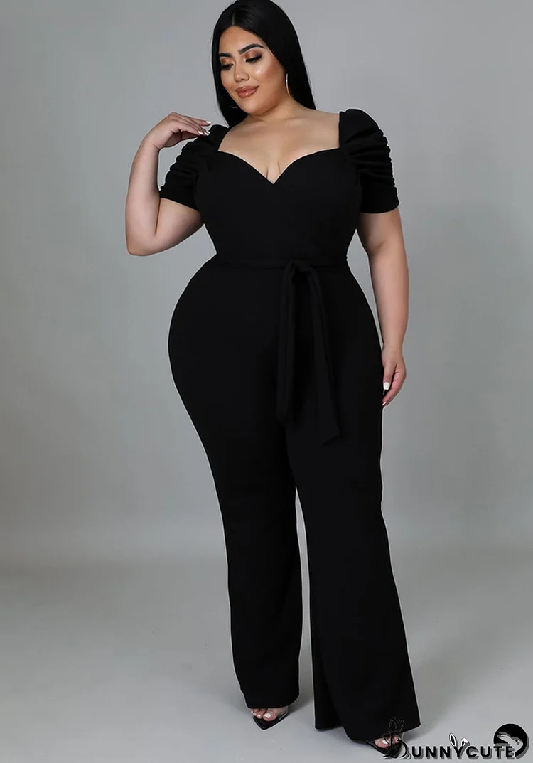 Women Summer Black Formal Sweetheart Neck Short Sleeves Solid Belted Full Length Regular Plus Size Jumpsuit