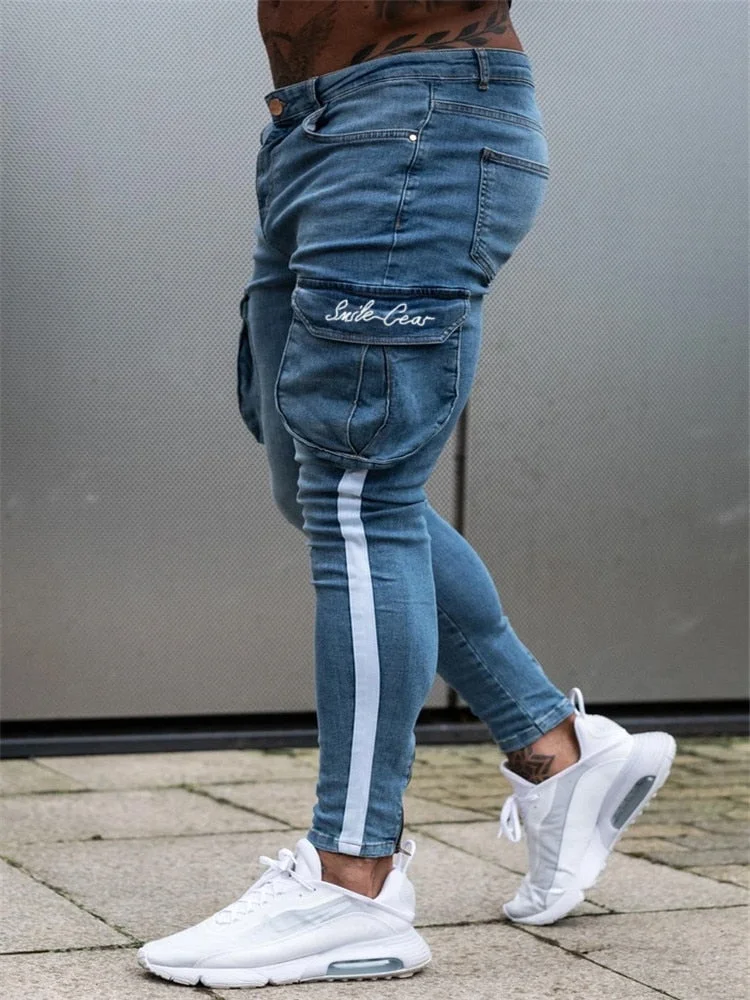 Jeans Men Skinny Striped Zipper Denim Wash Vintage Hip Hop Work Trousers Slim Printed jeans European Big Size M-4XL