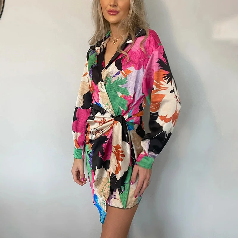 Women Vitange Pattern Print Boho Shirt Dress Female Fashion Lapel Long Sleeve Lace Up Robe 2022 Summer High Slit Loose Dresses