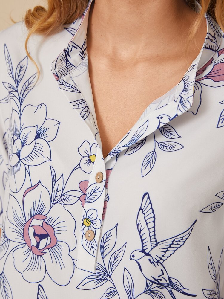 Calico Print Buttons Short Sleeve Casual Lapel Blouse for Women P1858248