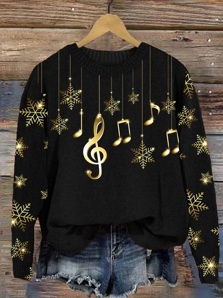 Gold Music Notes Snowflake Christmas Cozy knit Sweater 1