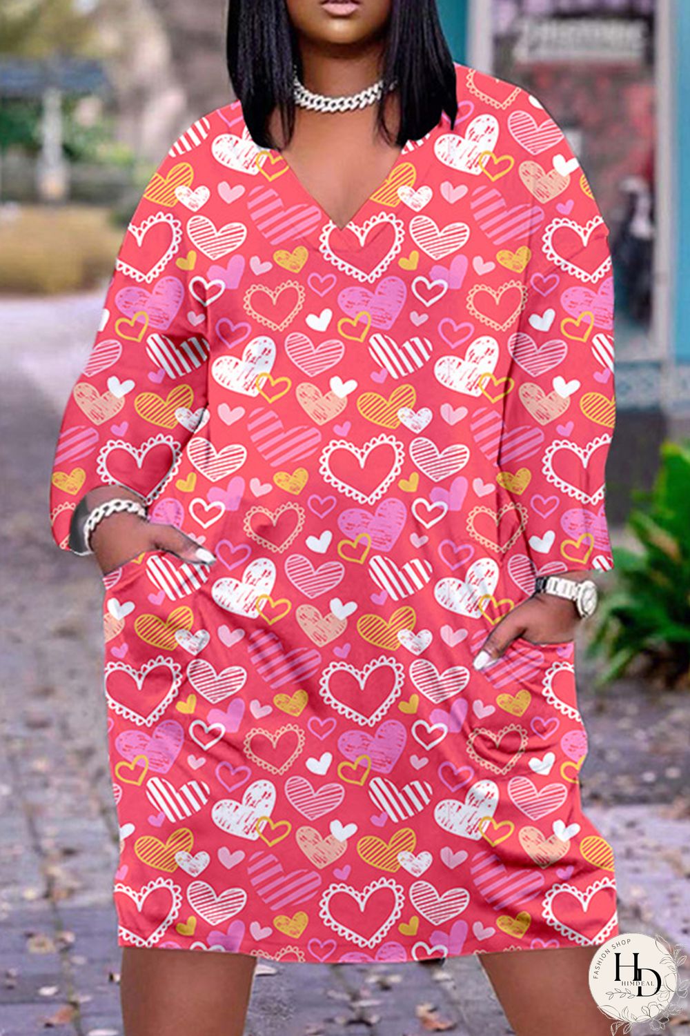 Deep Pink Casual Print Basic V Neck Long Sleeve Dresses