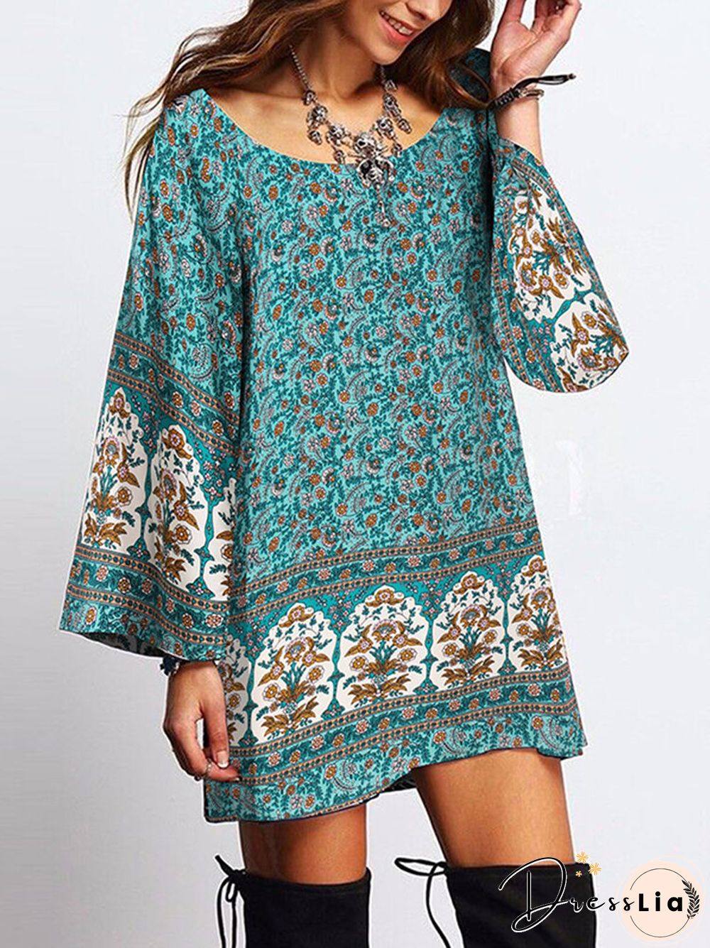 Floral Print Bohemian Long Sleeve Crew Neck Dress For Women