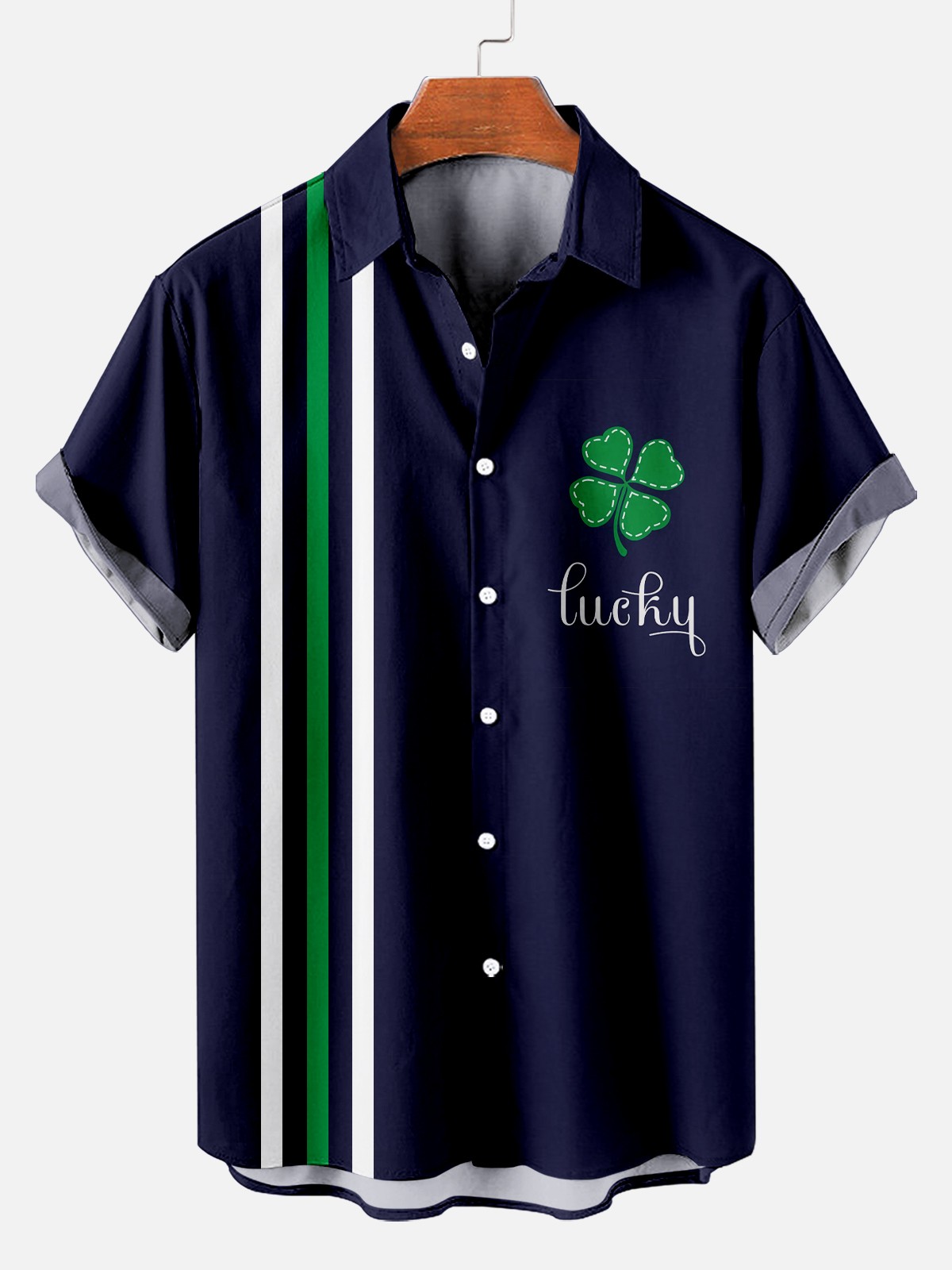 St. Patrick's Day Lucky Clover Short Sleeve Bowling Shirt ​ PLUSCLOTHESMAN