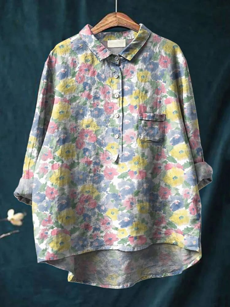 Watercolor Style Blurred Floral Pattern Printed Women's Casual Cotton And Linen Shirt