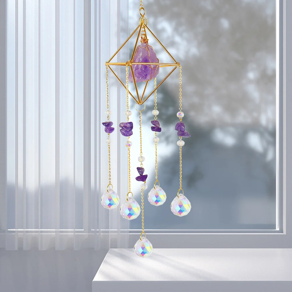 Crystal Wind Chimes Natural Stone Prism Light Catcher Garden Decor (Purple)