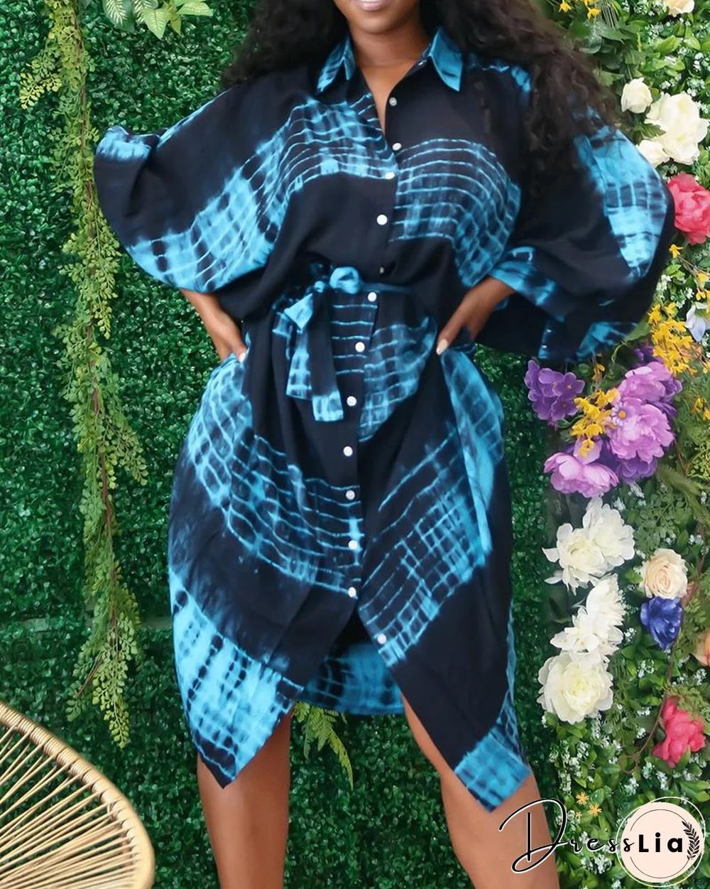 Tie Dye Batwing Sleeve Button Up Belted Dress