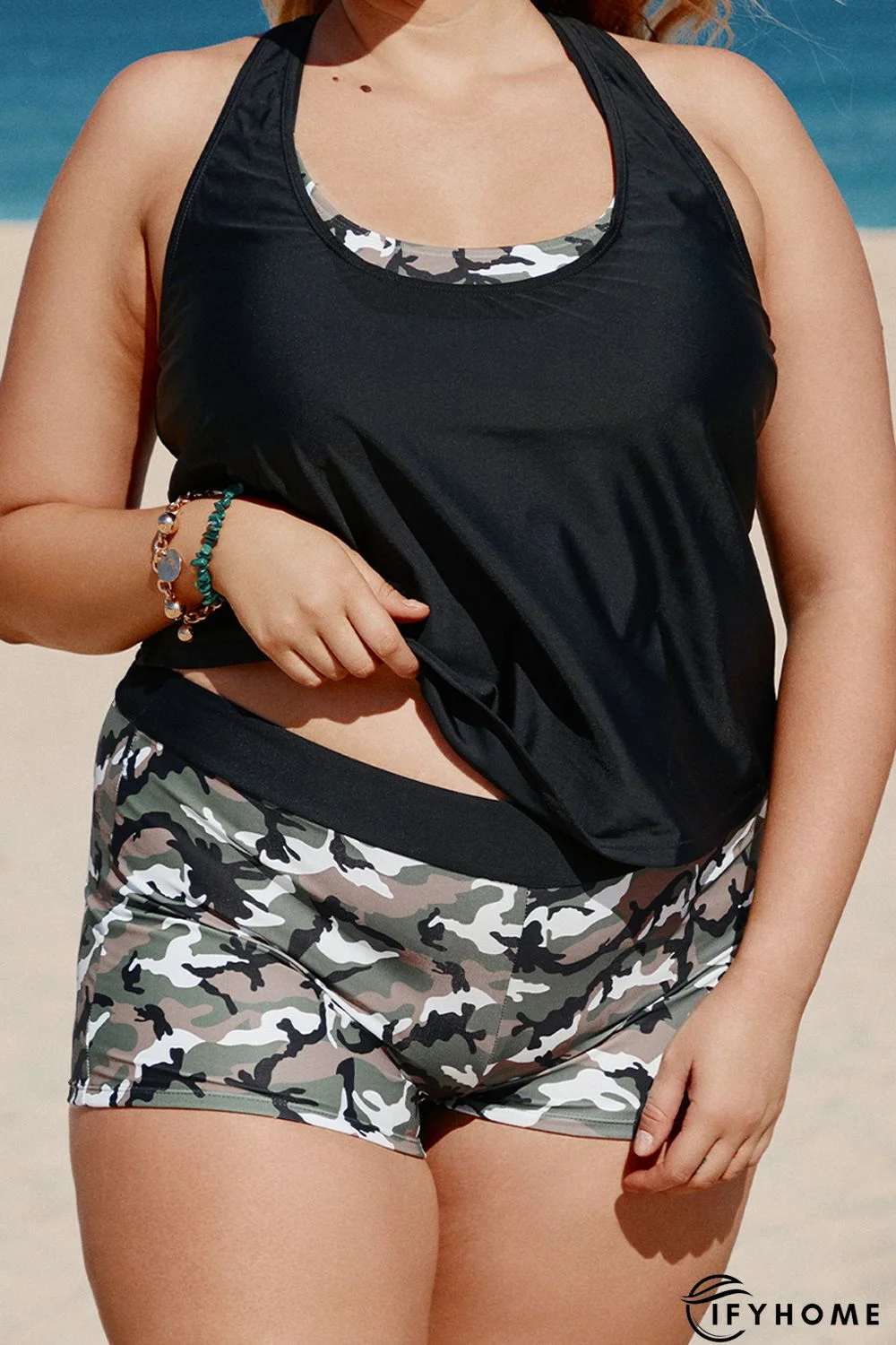 Black Camouflage Strappy Criss Cross Plus Size Three Piece Bikini Sets | IFYHOME