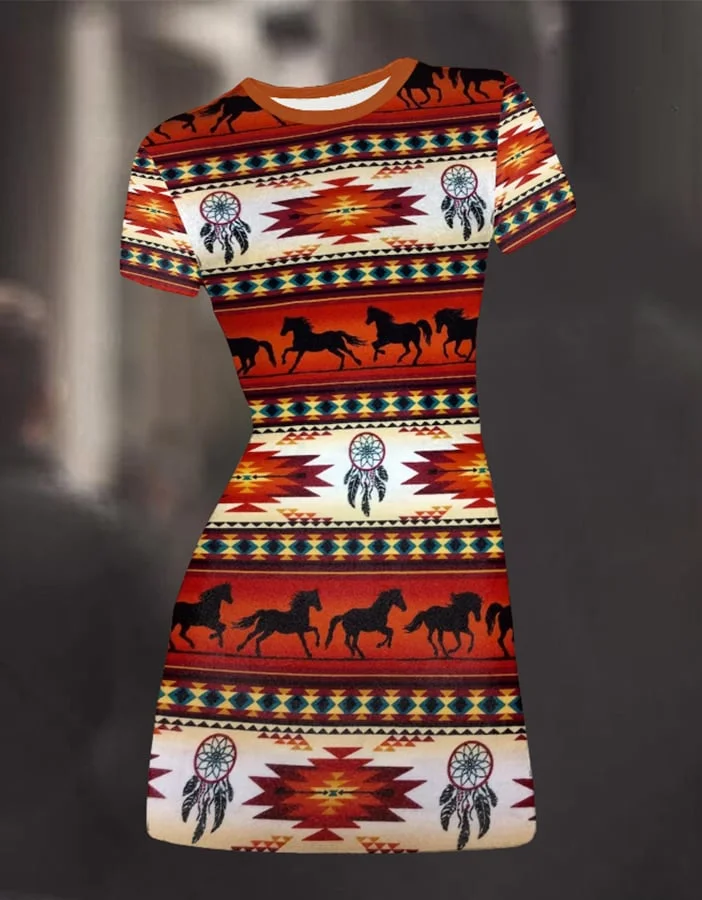 Women's Vintage Western Aztec Style Print O-neck Dress