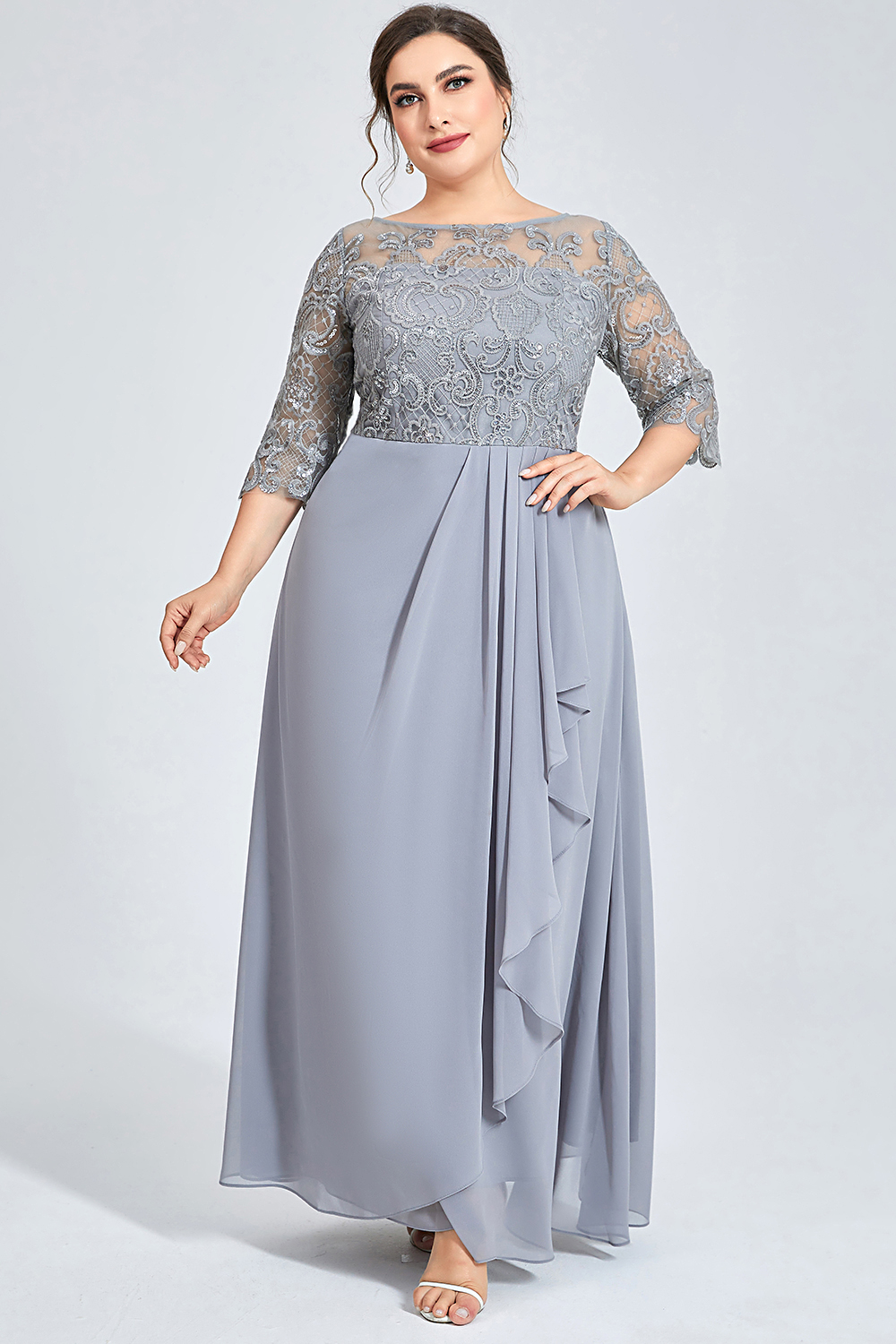 Flycurvy Plus Size Formal Grey Lace Stitching Chiffon Ruffled Maxi Dress 2024 - Flycurvy 