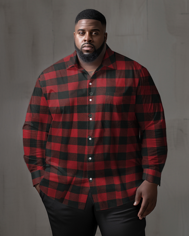 Men's Classic Casual Large Size Red Black Plaid Long Sleeve Lapel Shirt