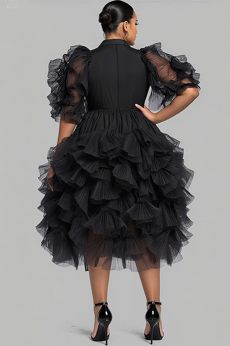 Xpluswear Design Plus Size Cocktail Party Black V Neck Puff Sleeve Short Sleeve Tiered Elegant Ruffle Tulle Midi Dresses [Pre-Order]