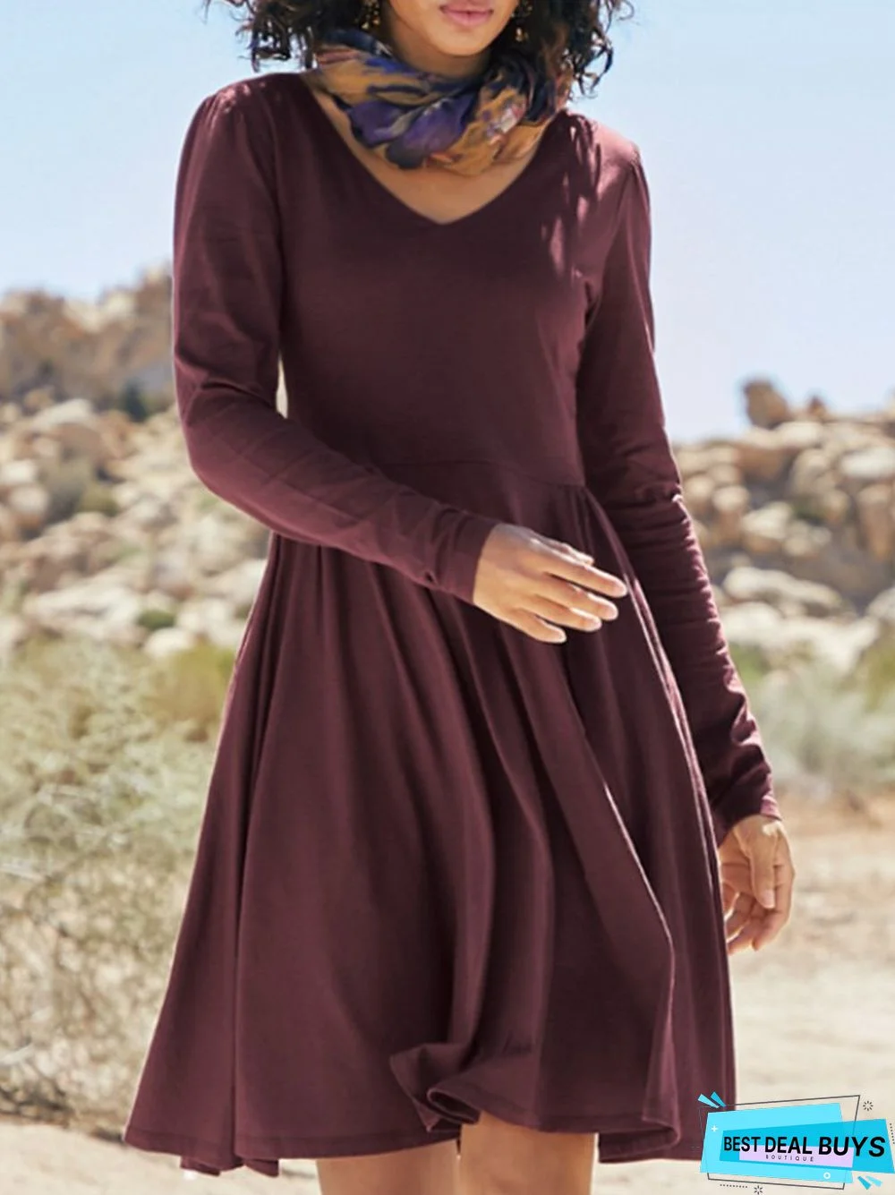 Cotton Blends Plain Casual Wine Red Knitting Dress