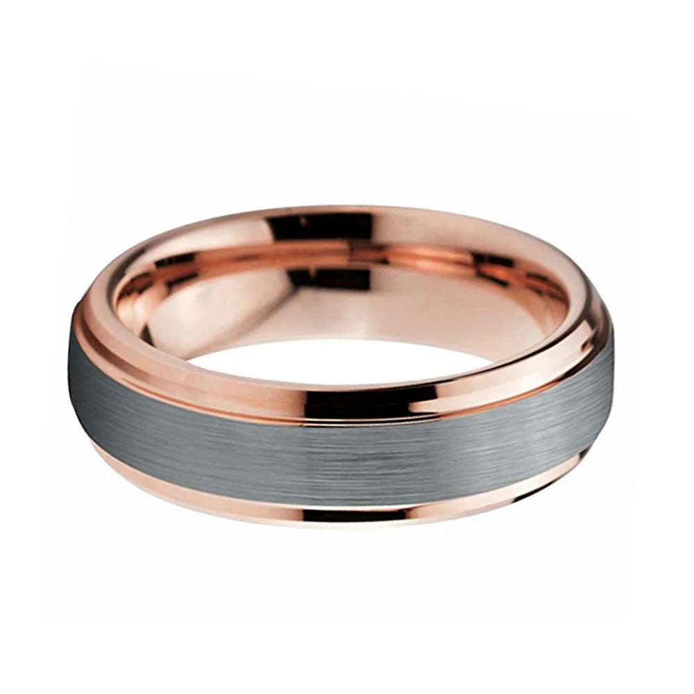 6MM Two Tone Brushed Tungsten Rings Wedding Band Rose Gold Step Edge