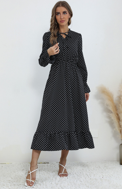 Mature Women Casual Summer V-Neck Tie Long Sleeve Polka Dot Maxi Dress