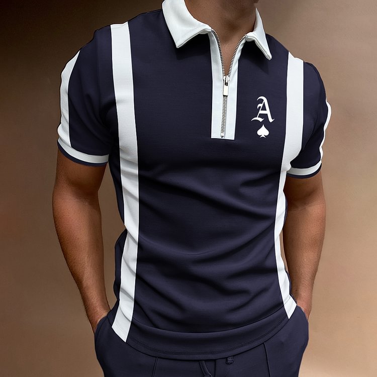 Men's Casual Ace Graphic Print Color Matching Short Sleeve Zipper Polo Shirt