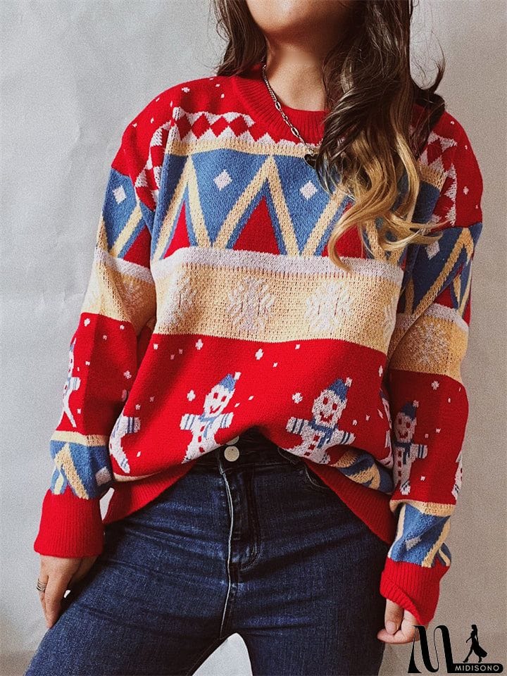 MidiSono - Winter Christmas Style Lovely Cartoon Snowman Print Pullover Wool Sweater for Women