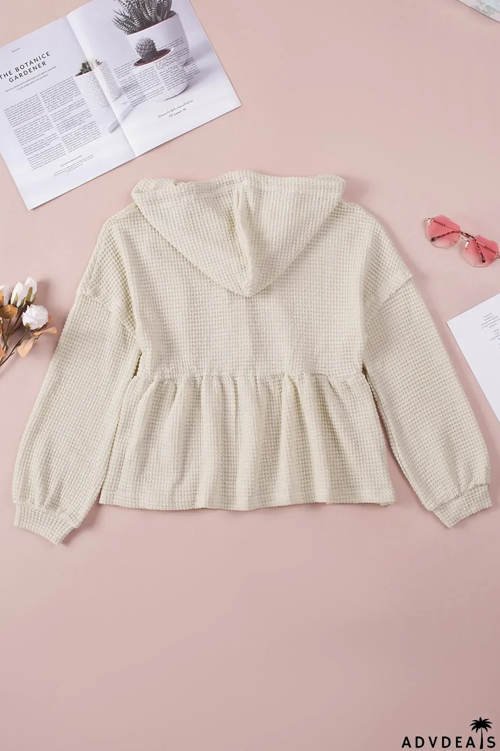 Apricot Waffle Knit Buttons Ruffled Hooded Top