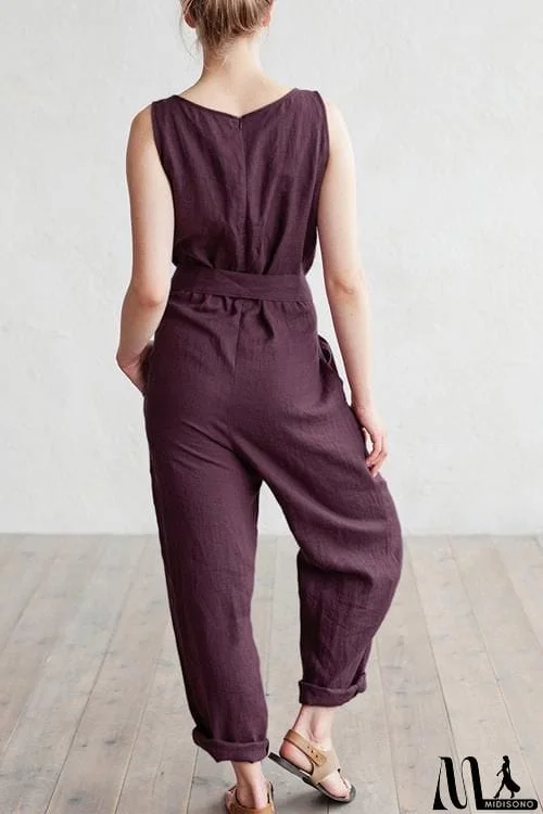MidiSono - U Neck Sleeveless Belted Jumpsuit