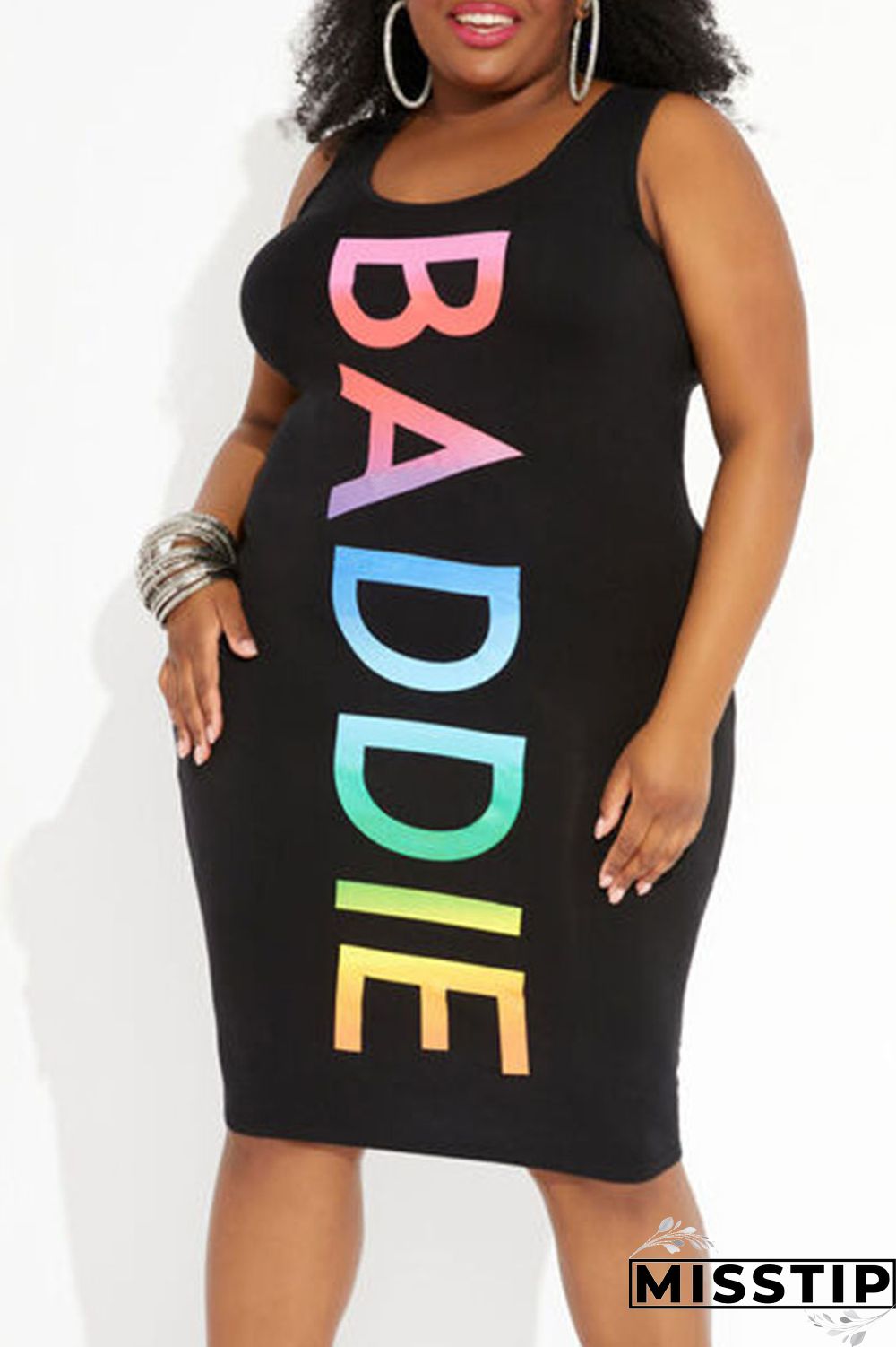 Black Casual Print Patchwork U Neck Vest Dress Plus Size Dresses