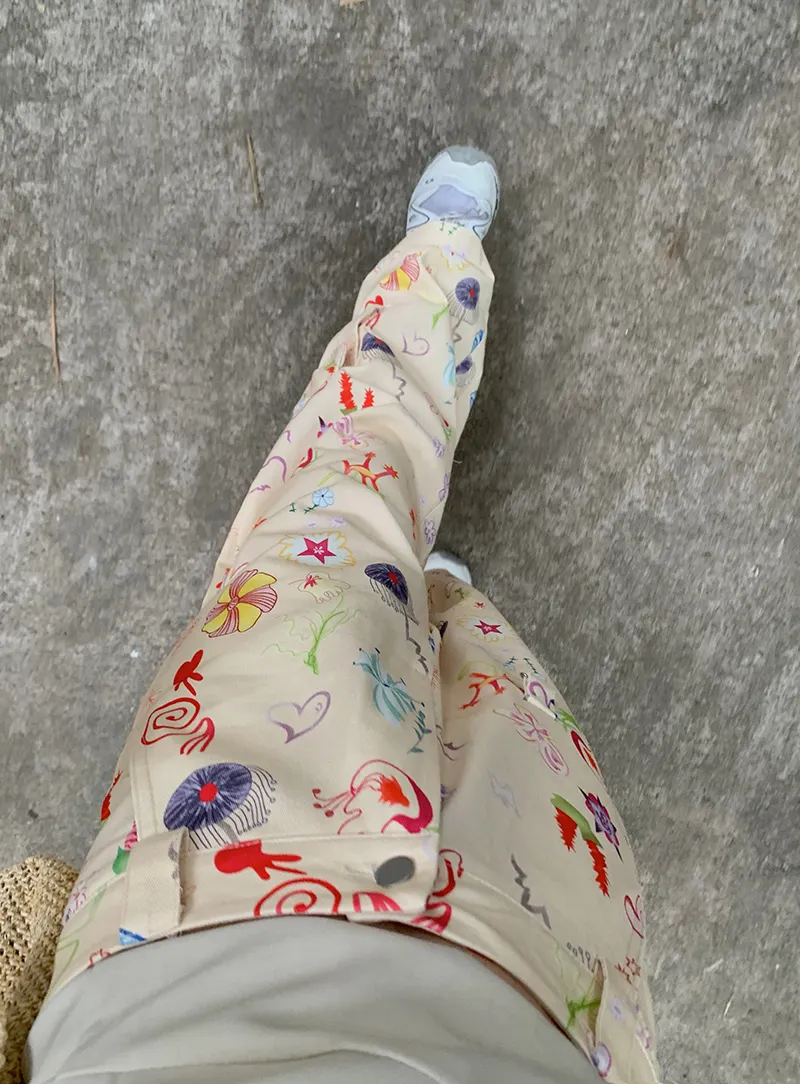 Smocked Plant Print Long Pants