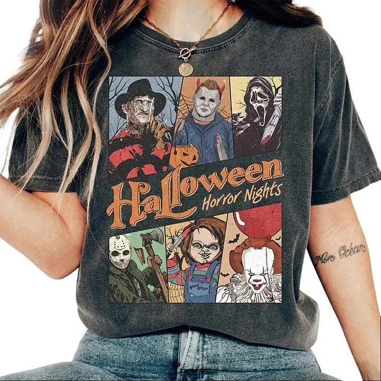 Retro Horror Characters Halloween T-shirt, Horror Movie V-neck, Sweatshirt, Hoodie