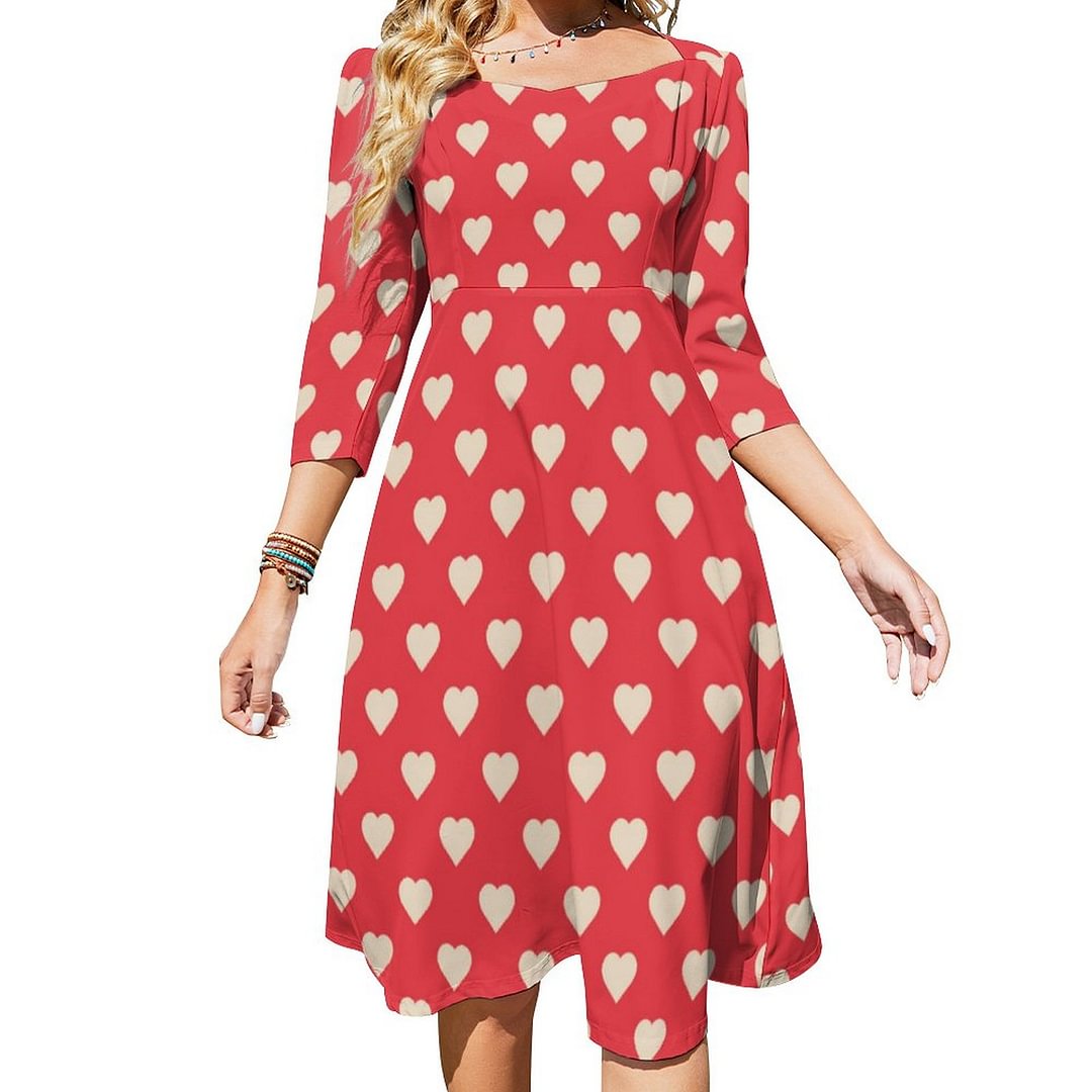 Red Heart Valentines Day Dress Sweetheart Tie Back Flared 3/4 Sleeve Midi Dresses