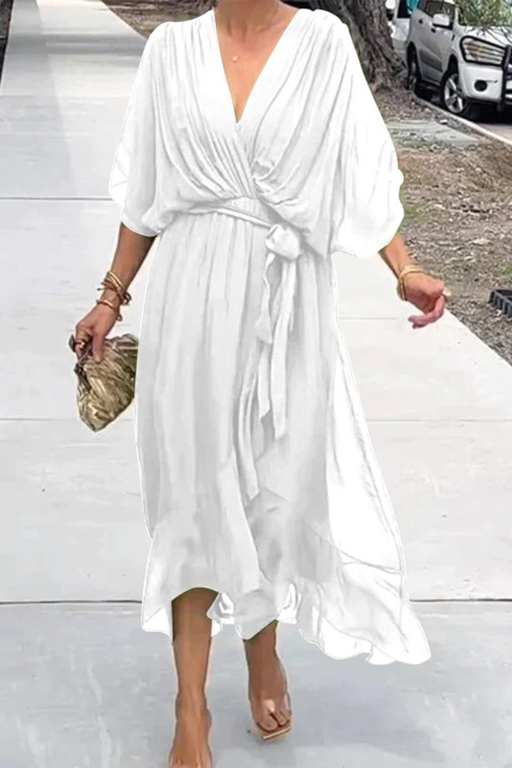 Plus Size Everyday Olive Green Chiffon Wrap Batwing Sleeve Asymmetrical Hem Maxi Dress 2024 - Flycurvy 