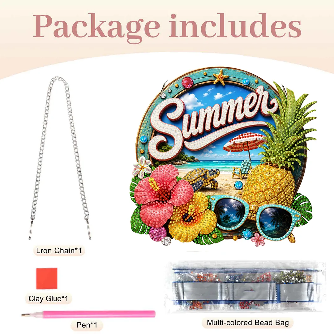 Summer Pineapple Beach 2D Flat DIY PET Diamond Painting Pendant Special Shape Hanging Gem Art Paintings Charm Single Side Drill for Adults Home Wall Window Decor