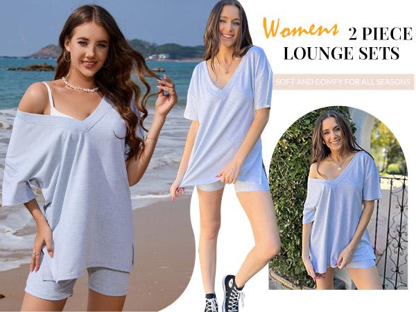 EKOUAER V-neck comfort Two-Piece Pajama Set For Women Summer Casual  Split Hem Shirts & Biker Shorts Minimalist Lounge Wear Soft Homewear Cozy Pjs Clothes Comfy