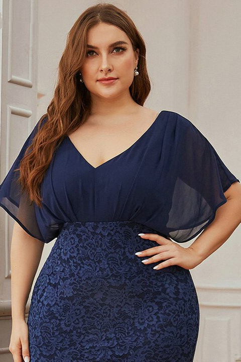 Bellasprom Navy Blue Sleeves Mermaid Lace Plus Size Prom Dress Ruffles