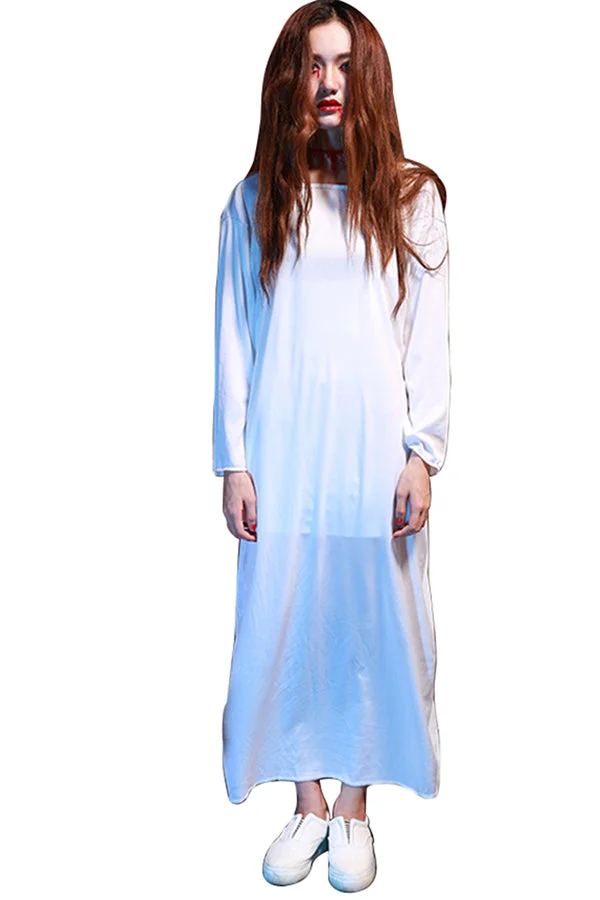 Womens Plain Long Sleeve Sadako Halloween Zombie Costume White-elleschic